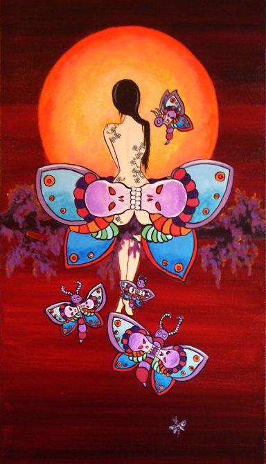 Femme papillon en contemplation