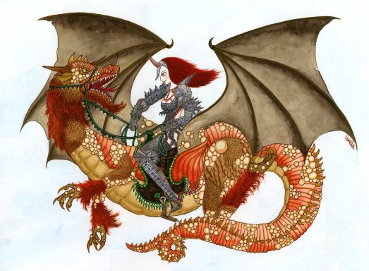 Une guerrière chevauche un dragon prêt à la mordre